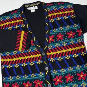 Vintage Norton Mcnaughton Black Floral‎ Cardigan Women's Size Med Made In USA